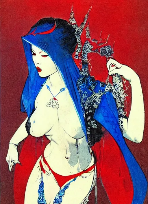 Prompt: portrait of heavyset korean vampiress, jeweled veil, blue and red, strong line, saturated color, beautiful! coherent! by frank frazetta, high contrast, minimalism