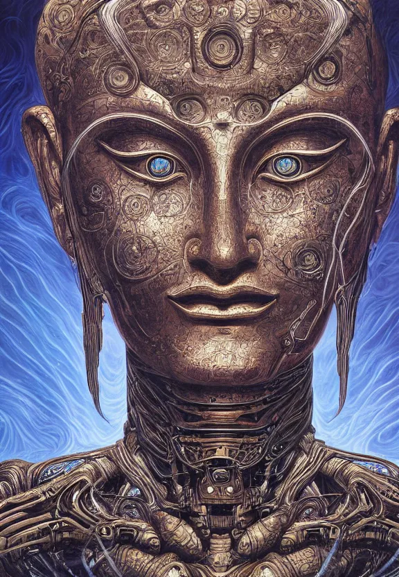 Image similar to perfectly centered portrait, front view of a beautiful biomechanical alien android robot buddha, female, flowing hair, intense stare, sarcastic smile, symmetrical, concept art, intricate detail, volumetric shadows and lighting, realistic oil painting by alex grey and gustave dore,