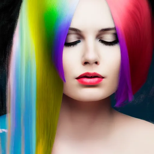 Image similar to a half painting half photo of a woman with iridescent hair