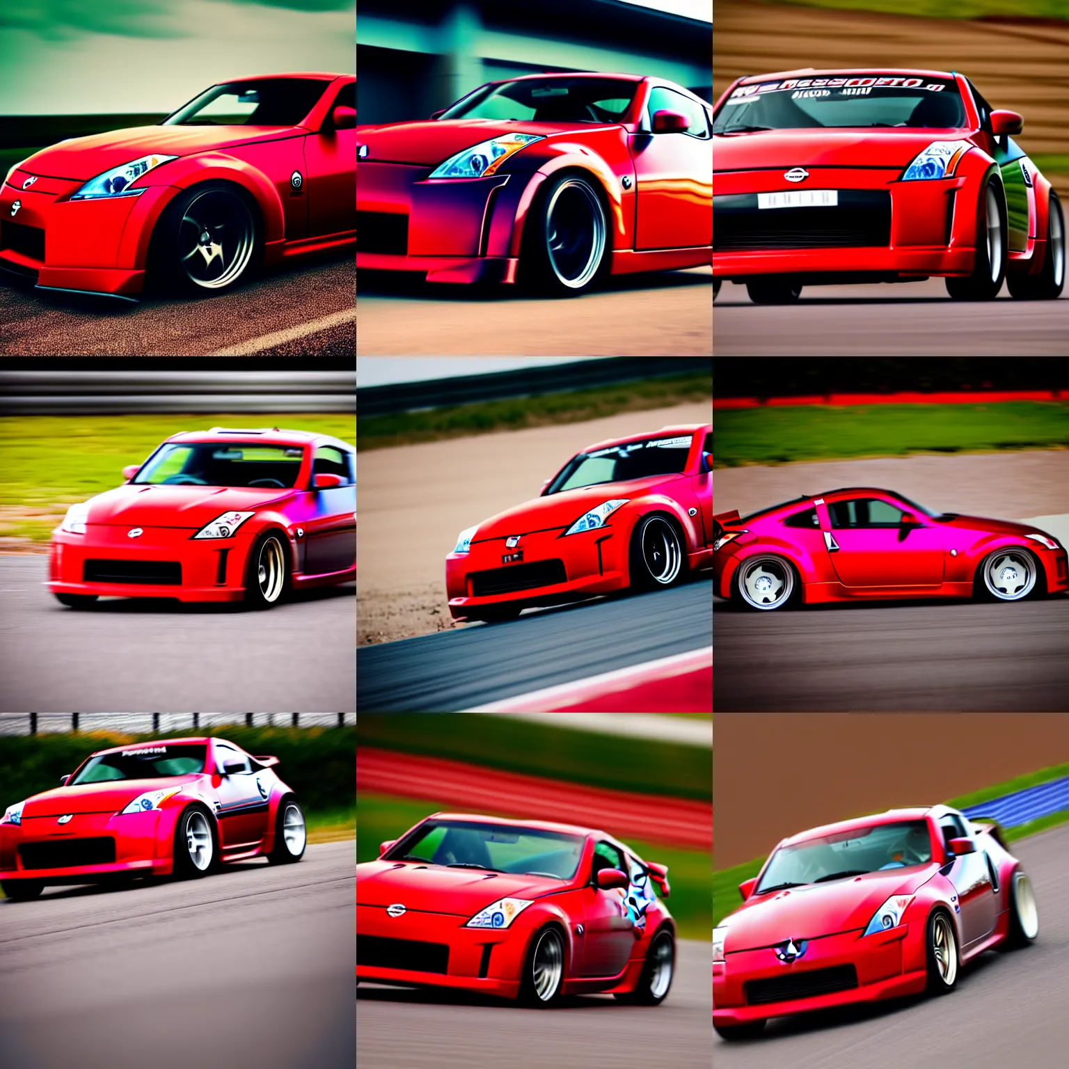 Prompt: front close up action shot of a red drifting nissan 3 5 0 z with a carbon fibre hood, the car is drifting with the wheels turned, car photography, motion blur, zoom lens, panning shot