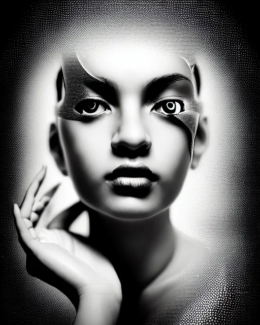 Image similar to black and white dreamy spiritual female fish - cyborg high quality portrait photo, microchip leaves, artificial intelligence, cinematic, rim light, photo - realistic, elegant, high detail, 8 k, masterpiece, high fashion, in the style of man ray