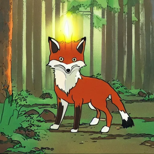 Image similar to a fox carrying a candle in the forest by studio ghibli