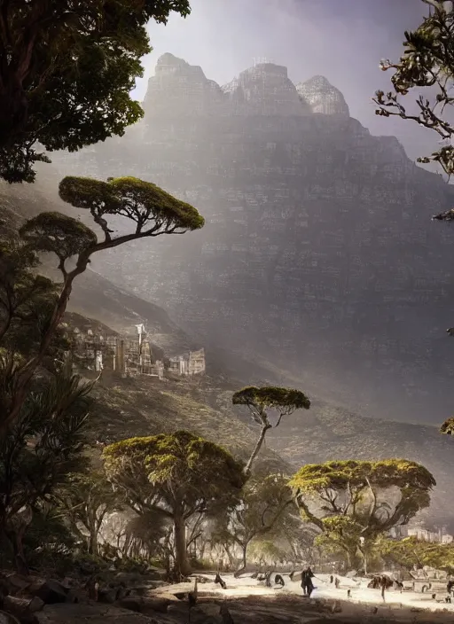 Image similar to chtulu attacking cape town city, table mountain, dense foliage beautiful details, strong composition by kim jung giu weta studio rutkowski, james gurney and greg rutkowski, and lucasfilm