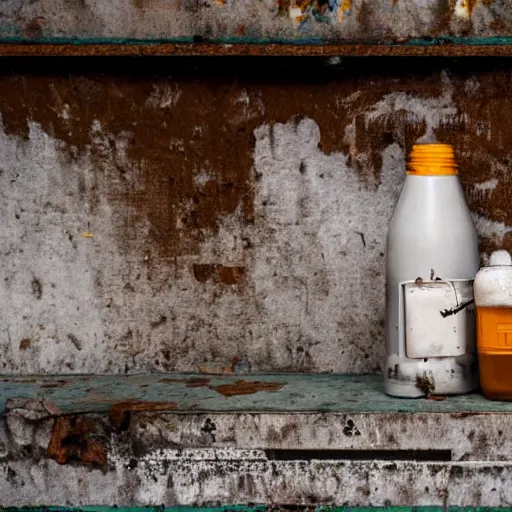 Image similar to bottle of milk, over a rusted metal table inside slaughterhouse