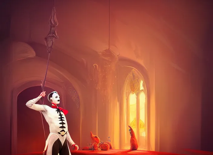 Prompt: award winning digital art of a attractive male pierrot, performing at a magnificent circus, beautiful circus themed background, trending artstation, digital art, aesthetic, bloom, intricate, elegant, sharp focus, digital illustration, highly detailed, octane render, digital painting, concept art, witchlight carnival, masterpiece