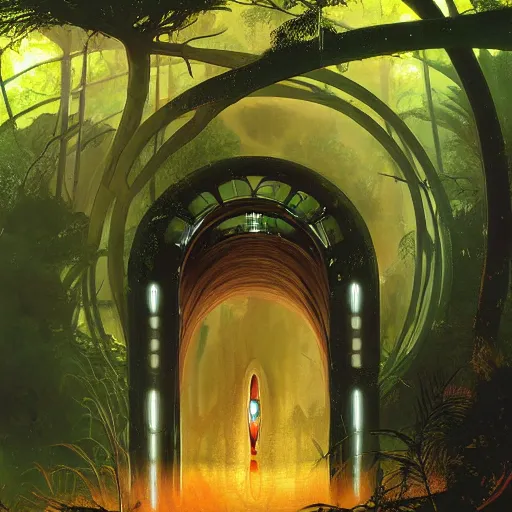 Image similar to portal in a middle of a lush futuristic forest, alien world seen through a portal, person in a cloak standing in front of a portal, syd mead, john harris