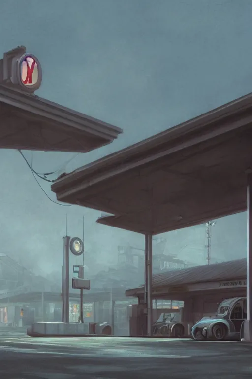 Prompt: a highly detailed matte painting of a single gas station with a sign in the fog by studio ghibli, makoto shinkai, by artgerm, by wlop, by greg rutkowski, volumetric lighting, octane render, 4 k resolution, trending on artstation, masterpiece