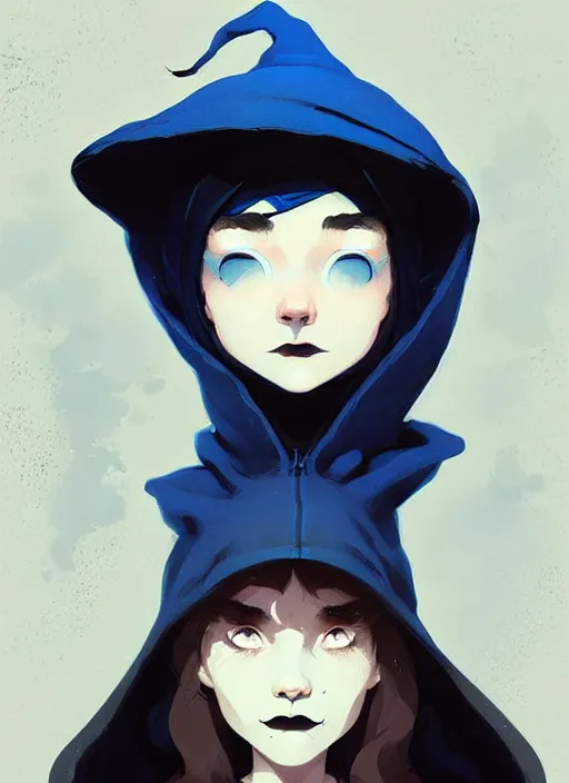 Image similar to highly detailed closeup portrait of a witch young lady student, ( blue witch hat ), black hoodie, blue hair by atey ghailan, by greg rutkowski, by greg tocchini, by james gilleard, by joe fenton, by kaethe butcher, gradient, blue, black, brown and cream color scheme, grunge aesthetic!!! white graffiti tag wall background