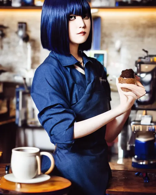 Prompt: touka kirishima from tokyo ghoul as a barista, model photoshoot, in a coffee shop, dark blue hair, half body shot, photo by greg rutkowski, female beauty, risque, f / 2 0, symmetrical face, warm colors, natural indoor lighting, depth of field