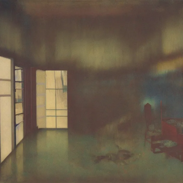 Prompt: interior of a flooded old house full of furniture. aurora borealis. iridescent, psychedelic colors. painting by hammershoi, balthus, mark rothko, vermeer, utamaro, monet