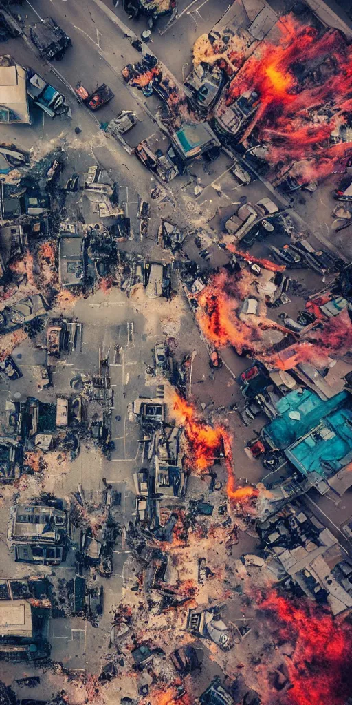 Image similar to post - apocalyptic kreuzberg streets covered in colorful smoke, burned cars, explosions, hyperrealistic, gritty, damaged, drone photography, photorealistic, high details