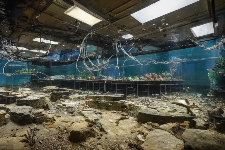 Prompt: national geographic photo of aquarium in dimly lit abandoned industrial room