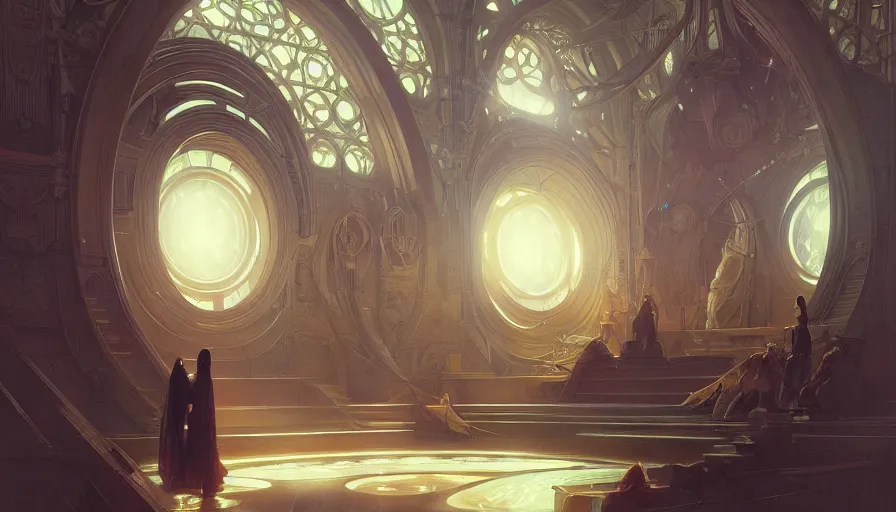 Image similar to a religious scifi room with a floating platform in the center, symmetrical shot, center framing, elegant, cinematic shot, intricate digital painting artstation concept art smooth sharp focus illustration, art by artgerm and greg rutkowski and alphonse mucha