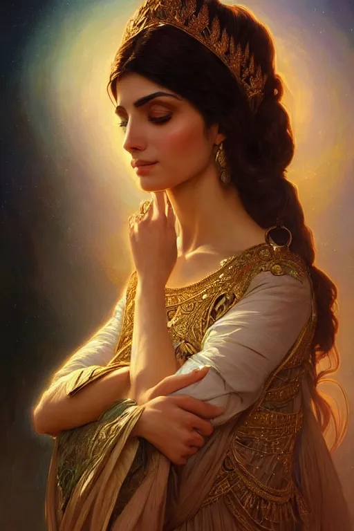 Prompt: beautiful portrait of a persian princess who is an architect, beautiful princess, face painting, dramatic lighting, intricate, wild, highly detailed, digital painting, artstation, concept art, smooth, sharp focus, illustration, art by artgerm and greg rutkowski and alphonse mucha, footage from space camera
