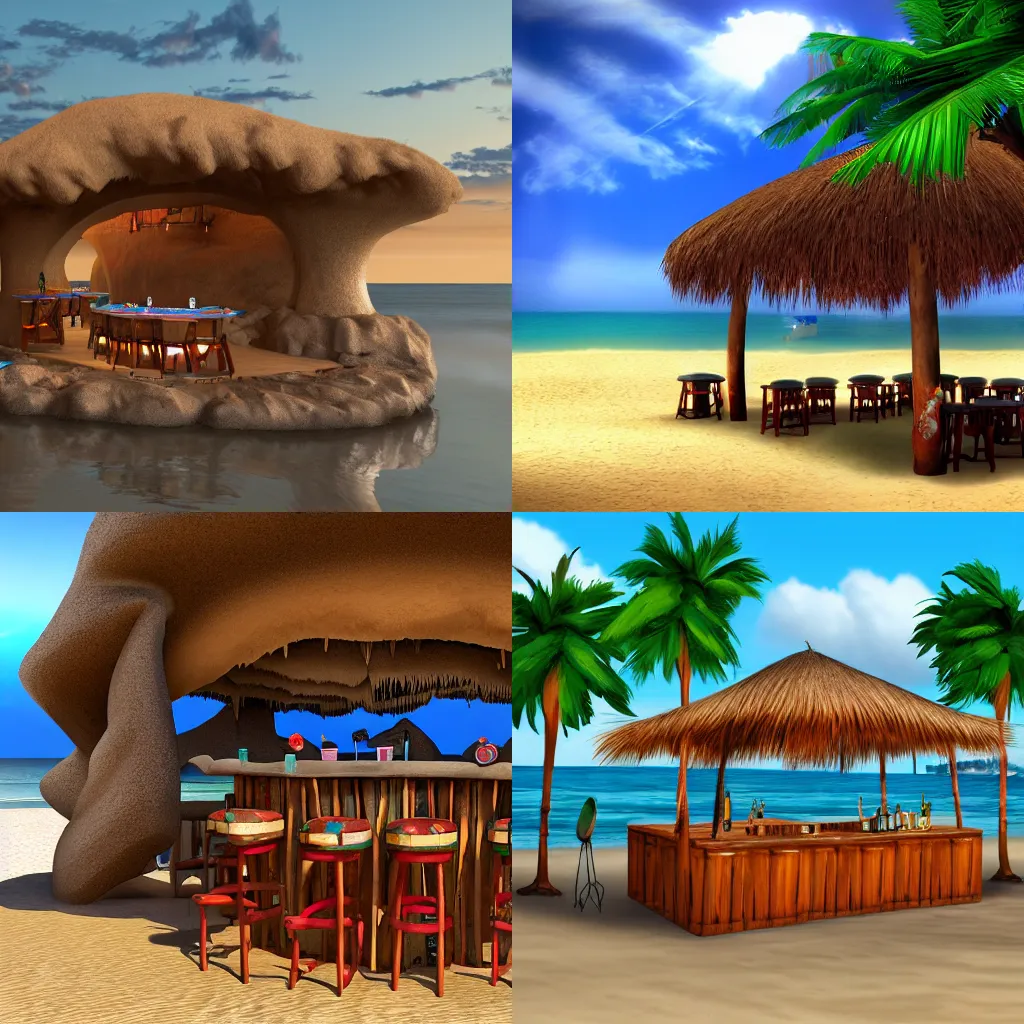 Prompt: tiki bar on a beach inside a giant cave, digital art 4K trending on artstation