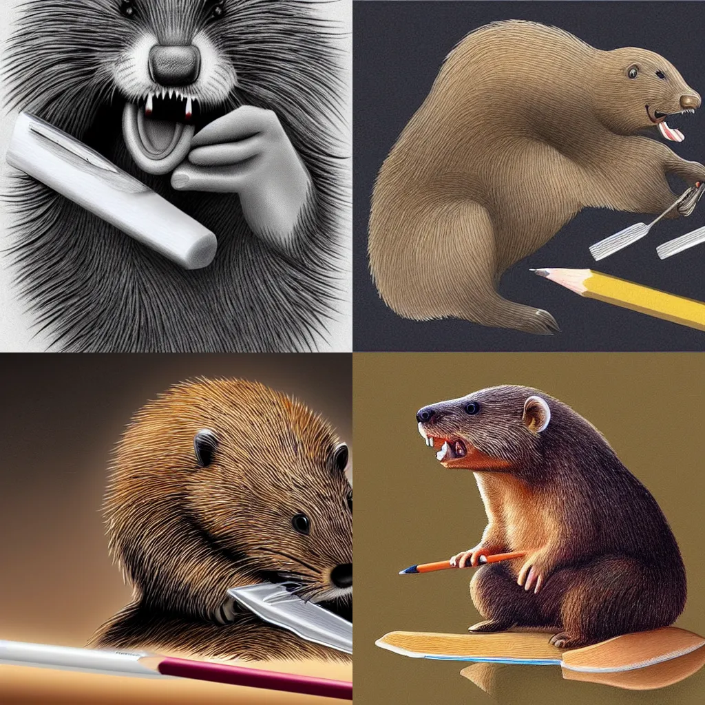 Prompt: a beaver sharpening a pencil with his teeth, very beautiful, award - winning digital art