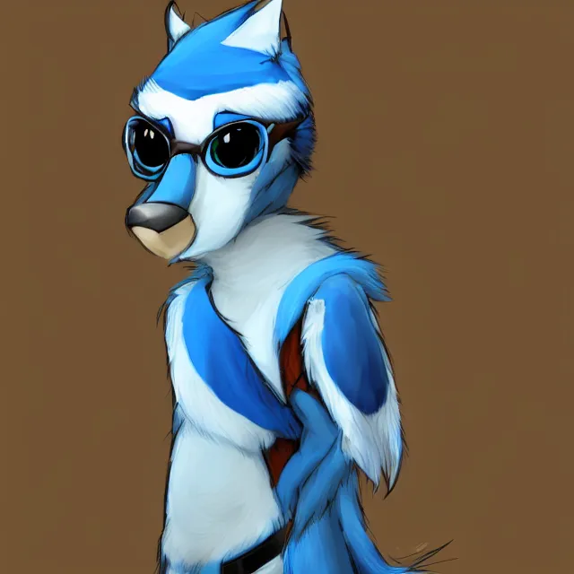 Prompt: a person wearing a fursuit of a blue jay fursona, fursona, furry convention, hotel lobby, indoors, digital art, furry fandom, artstation, deviantart, ref sheet,