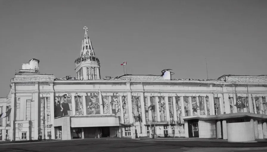 Image similar to 60s movie still of a sovietic museum stalinist style, cinestill 800t 10mm eastmancolor, liminal Space style, heavy grain, high quality, high details, panoramic