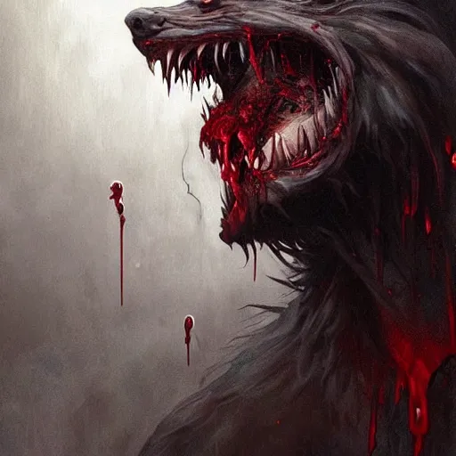 Image similar to Dark Fantasy Painting of a werewolf with blood dripping from its mouth, creepy, unsettling, horror, upper body, intricate, wild, highly detailed, digital painting, artstation, concept art, smooth, sharp focus, illustration, art by artgerm and greg rutkowski and alphonse mucha