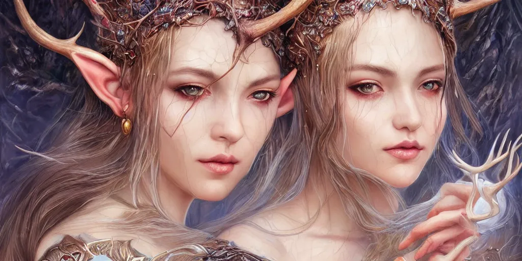 Image similar to a portrait of a female elf sorceress with antlers bathing in a lake by karol bak and jia ruan, beautiful detailed eyes, cute, fantasy, intricate, elegant, highly detailed, digital painting, 4 k, hdr, concept art, detailed jewelry, smooth, sharp focus, illustration, art by artgerm