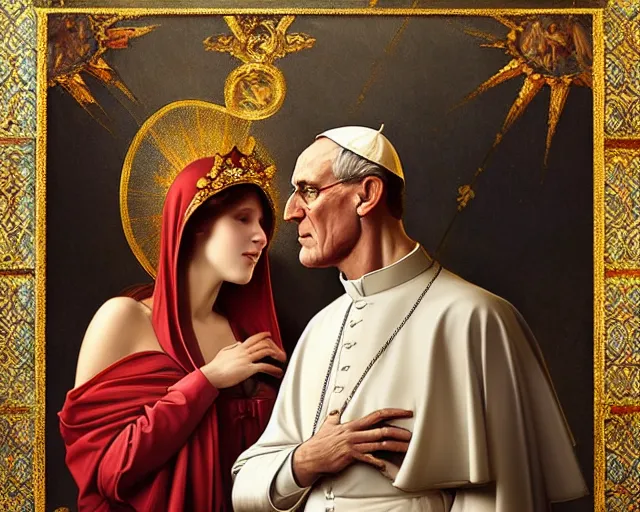 Prompt: photography of libidonous pope with a sensual woman in sistine chapel, deep focus,, intricate, elegant, highly detailed, digital painting, artstation, concept art, matte, sharp focus, illustration, art by artgerm and greg rutkowski and alphonse mucha