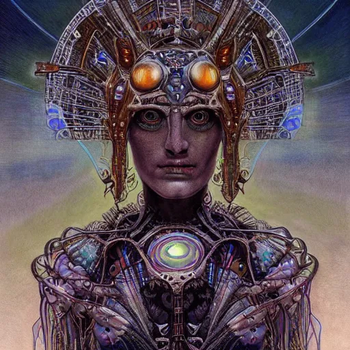 Image similar to realistic illustration of a beautiful rusted mechanical faerie queen with glowing eyes, moth wings with geometric patterns, reflective detailed textures, baroque dark fantasy science fiction painting by donato giancola and diego rivera and jean delville and moebius, silver and cool colors, artstation, octane render