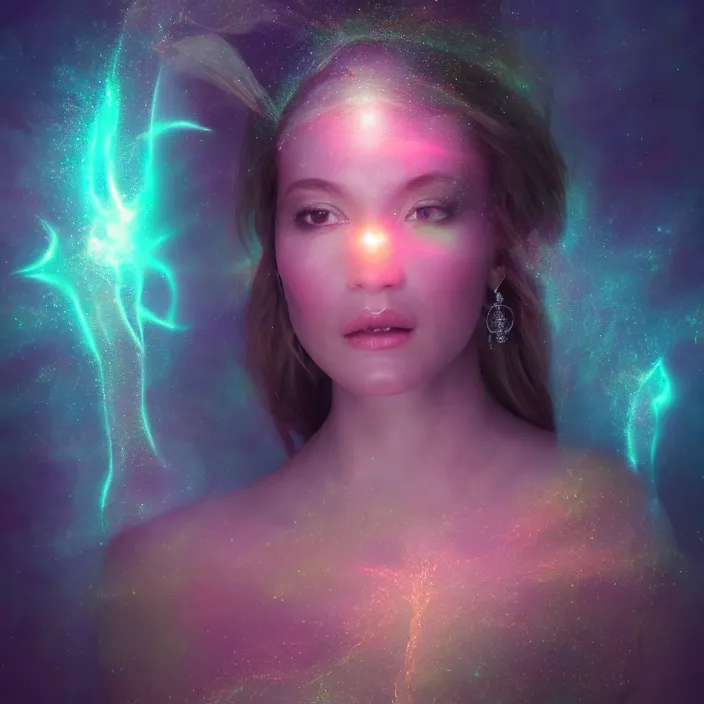 Image similar to an ethereal portrait of a goddess with divine feminine energy, surrounded by luminescent light, dark nature background, hyper - realistic, photo render, extremely detailed