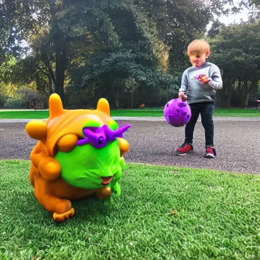 Prompt: A cacodemon and his favorite toy at the park