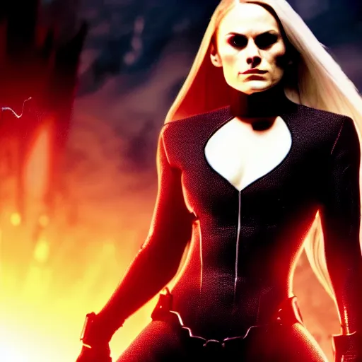 Image similar to anna paquin as a super villain, 4 k, cinematic, action scene