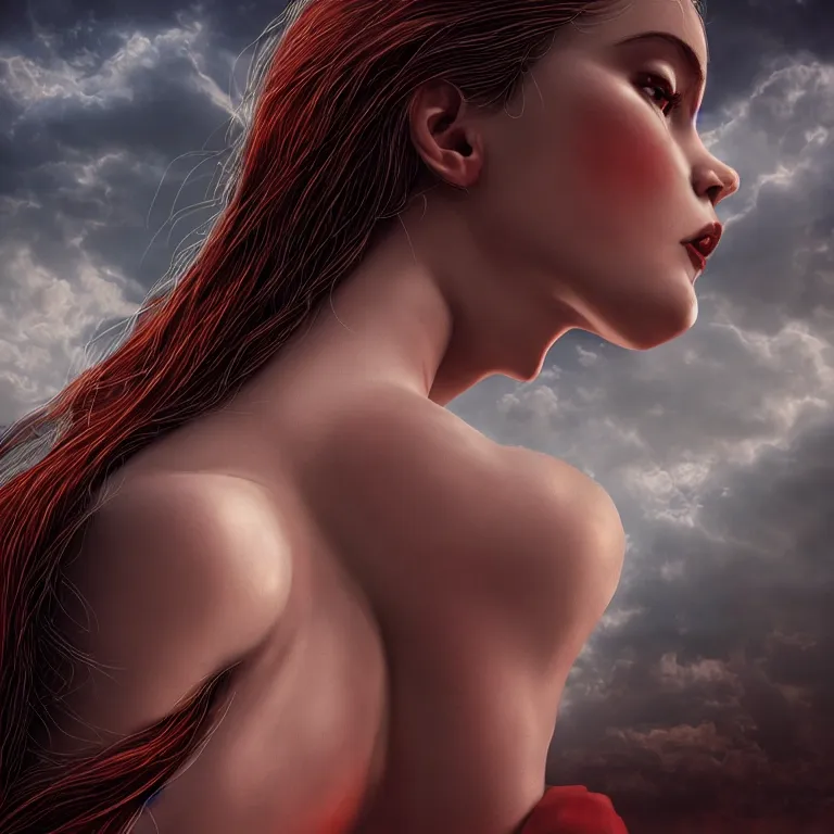 Prompt: a beautiful Cotton Mill Girl, symmetrical, perfect body and face, anatomically accurate. centered, dramatic angle, ornate, details, smooth, sharp focus, illustration, realistic, cinematic, artstation, award winning, rgb , unreal engine, octane render, cinematic light, macro, depth of field, blur, red light and clouds from the back, highly detailed epic cinematic concept art CG render made in Maya, Blender and Photoshop, octane render, excellent composition, dynamic dramatic cinematic lighting, aesthetic, very inspirational, arthouse by Henri Cartier Bresson