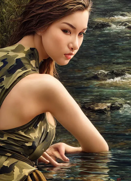 Prompt: photo of a gorgeous young woman with camouflage , climbing a river in the style of stefan kostic, realistic, sharp focus, 8k high definition, insanely detailed, intricate, elegant, art by stanley lau and artgerm