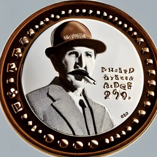 Image similar to A photograph of an unwrapped chocolate coin that is engraved with a portrait of a young leon redbone smoking a cigar and wearing a greek fisherman cap, highly detailed, close-up product photo, depth of field, sharp focus, soft lighting