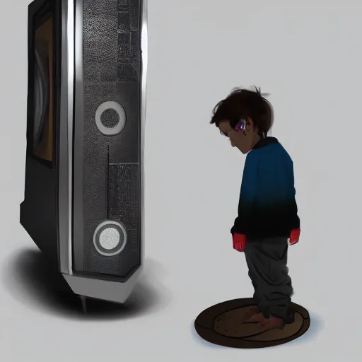 Prompt: 0 0 s kid looking at you standing besida an old computer monitor, trending on artstation