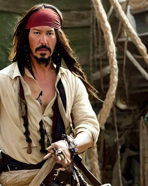 Image similar to Keanu reeves in a role of Captain Jack Sparrow