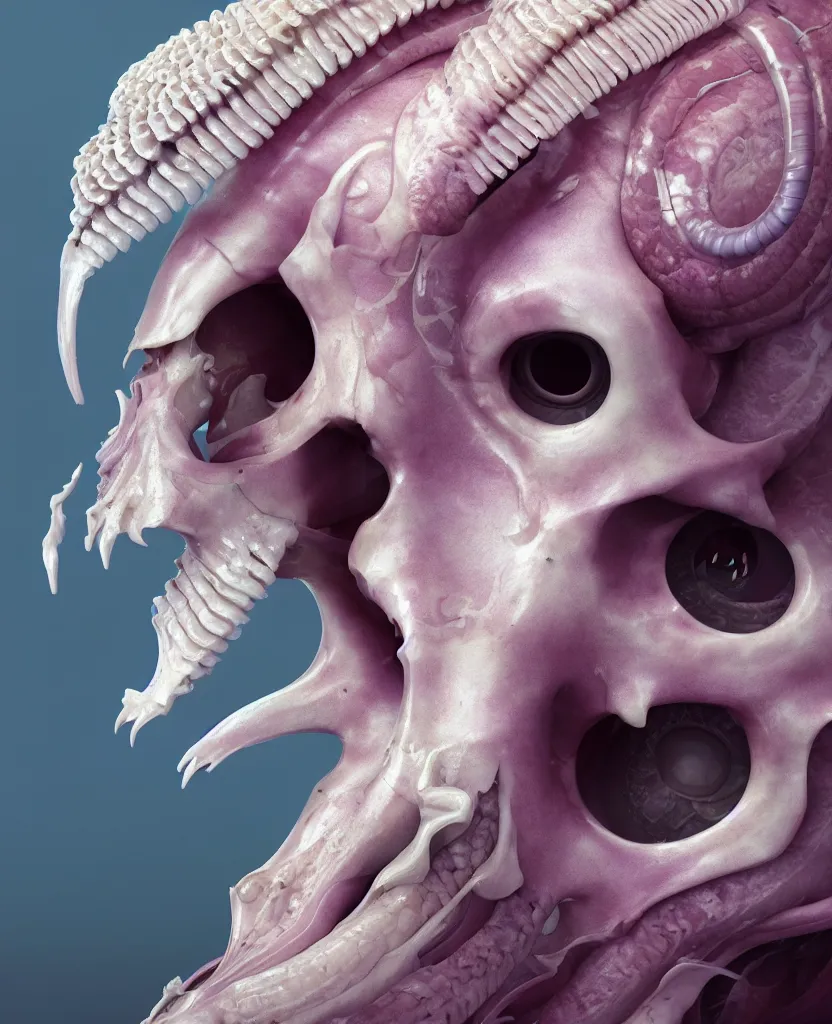 Image similar to goddess princess face close-up portrait ram skull. hard surface modelling zbrush. jellyfish phoenix head, nautilus, orchid, skull, betta fish, bioluminiscent creatures, intricate artwork by Tooth Wu and wlop and beeple. octane render, trending on artstation, greg rutkowski very coherent symmetrical artwork. cinematic, hyper realism, high detail, octane render, 8k