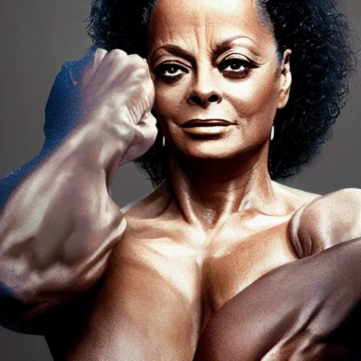 Image similar to Diana ross with the physique of a body builder, hyper realistic and ultra detailed face, cinematic, dynamic lighting, photorealistic, refined, intricate, digital art, digital painting, masterpiece, 8k