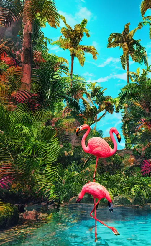 Image similar to unreal engine 5 8 k uhd render of an flamingocore tropicalwave junglepunk abstrafractalmancer, photorealistic, animal photography, photo safari, fashion shoot, lush tropical surroundings, volumetric lighting, sunlight, 1 0 5 mm lens