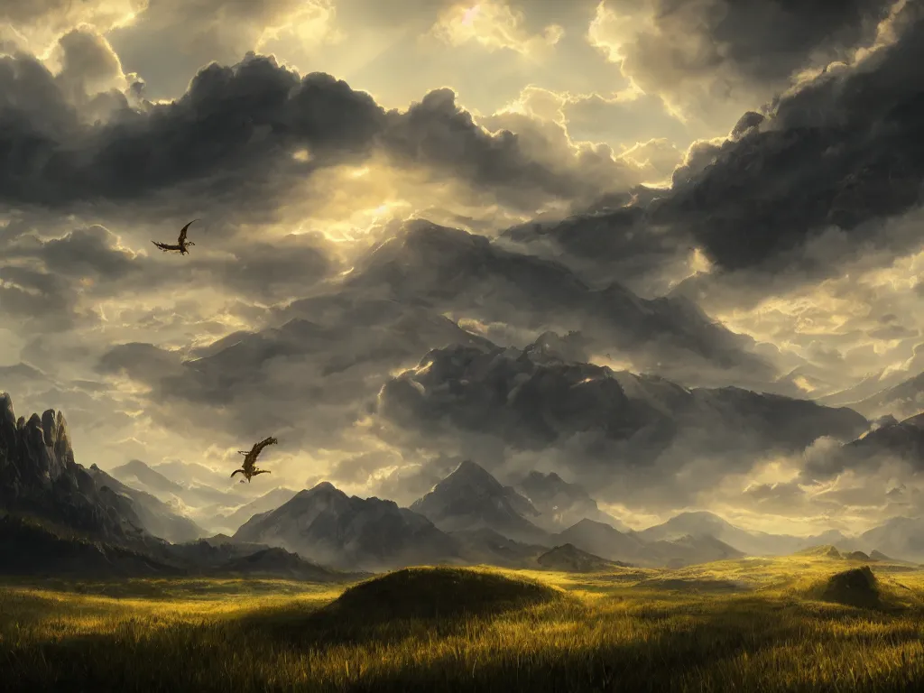 Image similar to a cinematic landscape view looking at an open field with a dragon flying above, mountains in the distance, the sun shines through the parted clouds, digital painting, fantasy, art by alexandre mahboubi and christophe oliver