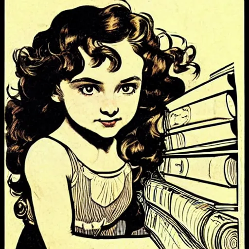 Prompt: a little girl with a mischievous face and light brown curly wavy hair. she is sitting on top of a tall like of books. well composed, clean elegant painting, beautiful detailed face. by steve ditko and jack kirby and alphonse mucha