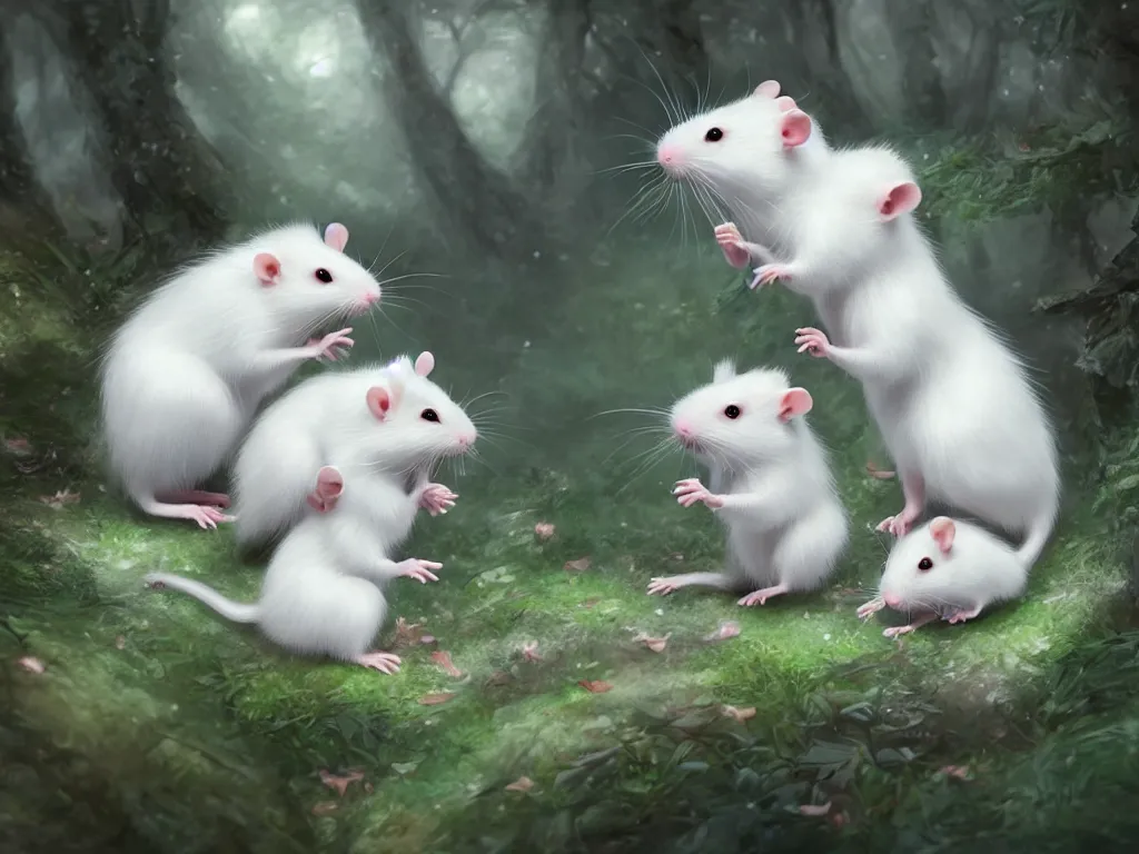 Image similar to two cute white rats in the dreamy forest, fantasy, dreamlike, 8 k resolution, hyper detailed, d & d, character design, digital painting, trending on artstation, sharp focus, illustration, art by artgerm, viktoria gavrilenko, hoang lap, fuji choko, steve zheng