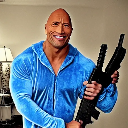 Image similar to dwayne the rock johnson, in blue onesie pajamas, holding an ak - 4 7.