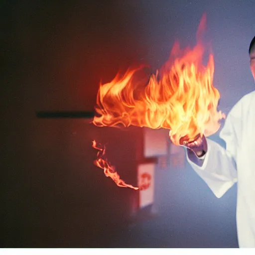 Image similar to cinematic film still of rapper JID starring as a Japanese Sensei with fire, Japanese CGI, VFX, 2003, 40mm lens, shallow depth of field, film photography