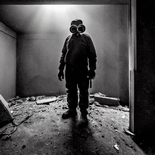Prompt: A misterious man wearing a gas mask is standing on the midle of a stair hallway looking in the direction of the camera, the man is using a turned on flashlight to look for survivors :: Ruined city with vegetation growing from the distroyed buildings :: apocalyptic, shadowy, disolate :: A long shot, low angle, dramatic backlighting, simetric photography, night time, slighty colorful with blue, green and orange :: cinematic shot, very detailed