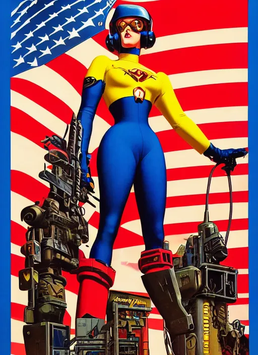 Image similar to american propaganda poster art. powerful cyberpunk pilot. portrait by jean giraud and anton otto fischer and john philip falter and will eisner and gil elvgren and pixar. full body. realistic proportions. science fiction d & d. overwatch, rb 6 s, cyberpunk 2 0 7 7, blade runner 2 0 4 9 concept art. cel shading. thick lines.