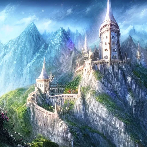 Prompt: very beautiful secret city of the elves gondolin on top of a mountain, highly detailed, digital painting, artstation, matte, sharp focus, impressionnisme, vivid color,