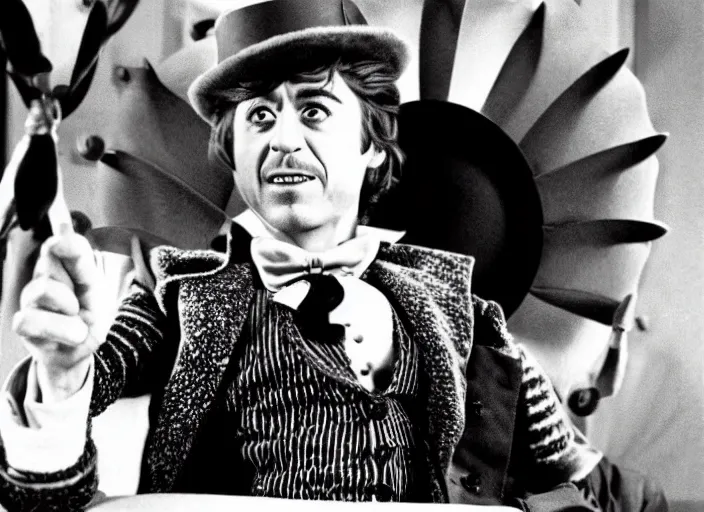 Image similar to film still of Robert Downey Jr as Willy Wonka in Willy Wonka and the Chocolate Factory 1971