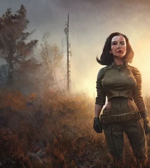 Image similar to fallout 5, concept art brunette female enclave officer portrait, concept art, outdoors mesa setting, spring time, slight overcast, atmospheric lighting, painted, intricate, volumetric lighting, beautiful, sharp focus, golden hour, ultra detailed by leesha hannigan, ross tran, thierry doizon, kai carpenter, ignacio fernandez rios