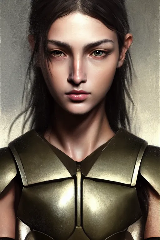 Image similar to a photorealistic painting of an attractive young girl, partially clothed in metal-plated battle armor, olive skin, long dark hair, beautiful bone structure, symmetrical face, perfect eyes, intricate, elegant, digital painting, concept art, illustration, sharp focus, minimal artifacts, from Metal Gear, in the style of Ruan Jia and Mandy Jurgens and Greg Rutkowski, trending on Artstation, award winning