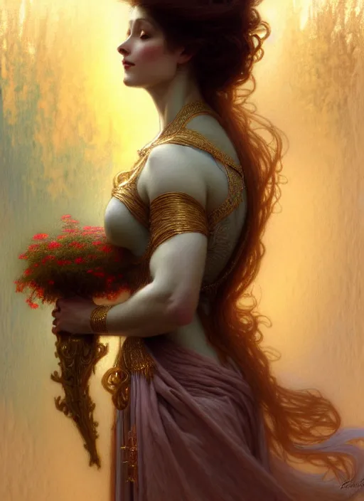 Prompt: character concept portrait of me as modest wife blessed by god to grow ever more intelligent beautiful voluminous muscular tall and virtuous. modestly clothed, intricate, elegant, highly detailed, digital painting, artstation, concept art, symmetry, smooth, sharp focus, illustration, art by gaston bussiere and alphone mucha