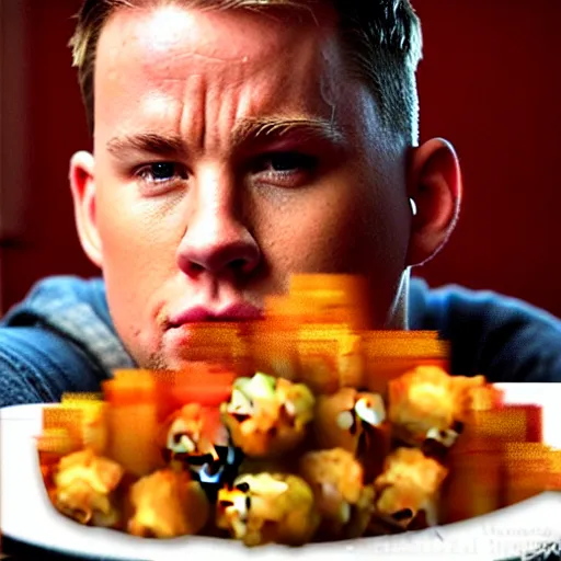 Image similar to channing tatum's face as tater tot on a plate with ketchup